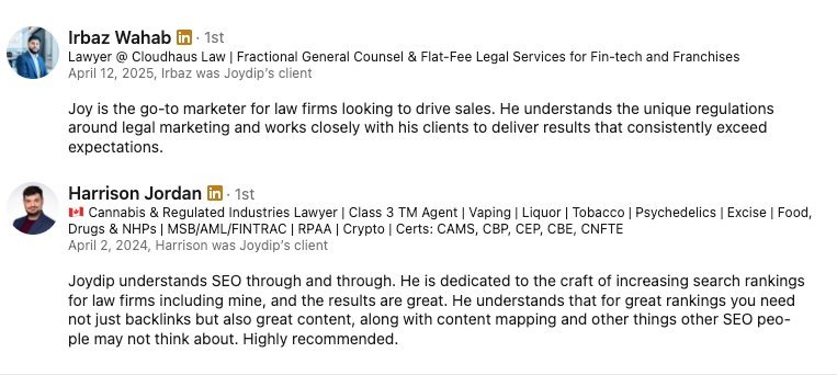 LinkedIn recommendations from two Canadian lawyers, Irbaz Wahab and Harrison Jordan
