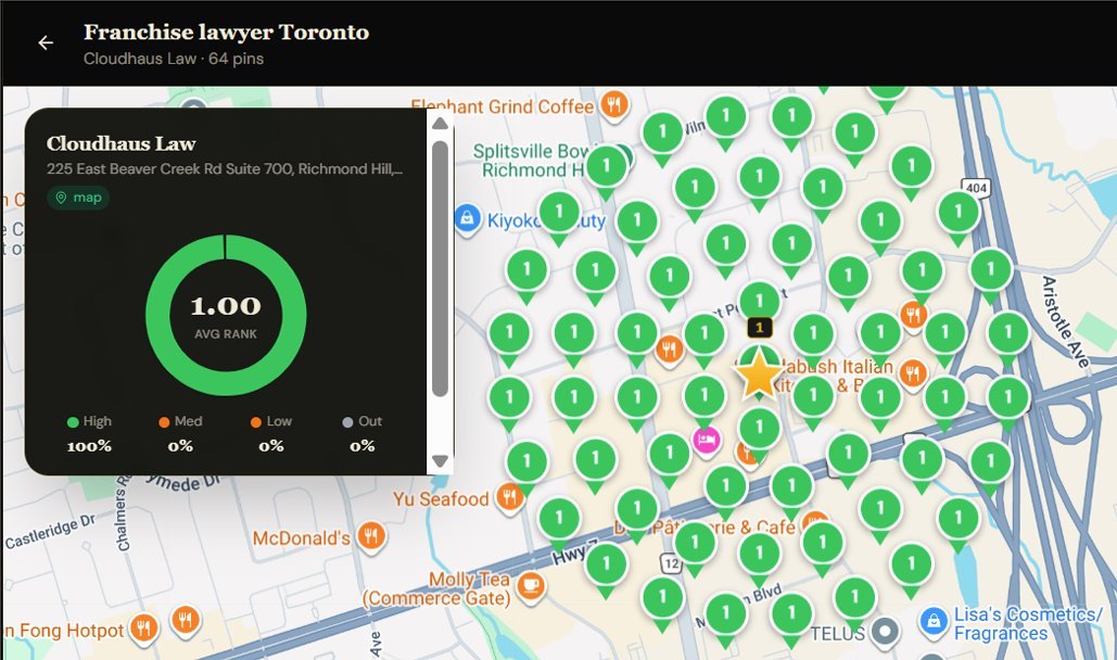 Local rank grid showing 1.00 average Map Pack rank across a Toronto search area