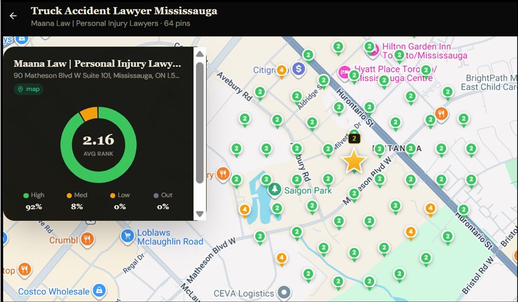 Local rank grid showing 2.16 average Map Pack rank in Mississauga